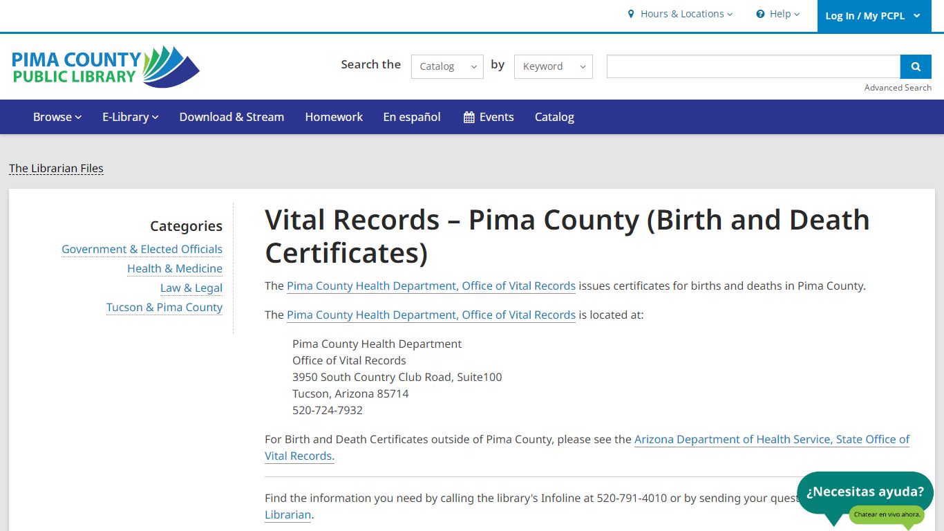 Vital Records – Pima County (Birth and Death Certificates)